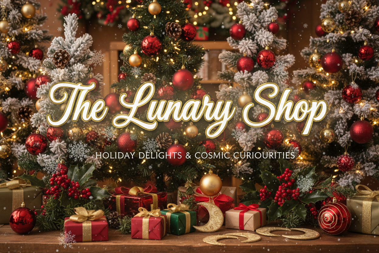 Image should include website name The Lunary Shop with a Christmas theme behind it 
