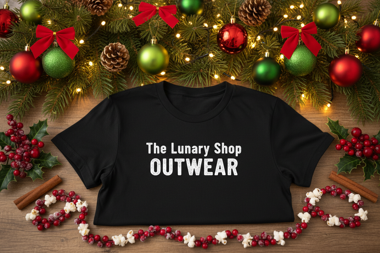 Shirt in black saying The Lunary Shop OUTWEAR in a Christmas theme background